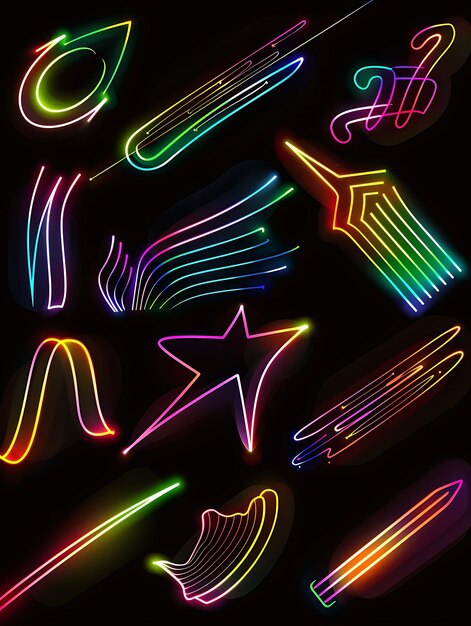 Lines of Rainbow Icons With Pulsating Luminescence and Outli Outline Neon Shape Y2K Art Design