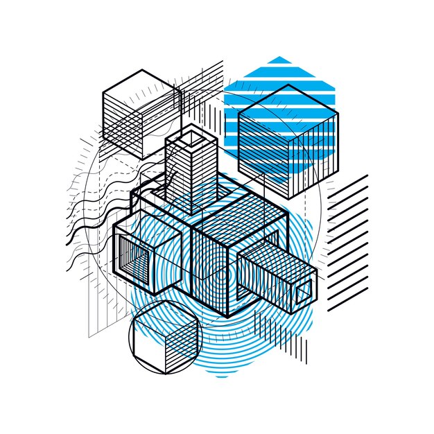 Lines and shapes abstract vector isometric 3d background. Layout of cubes, hexagons, squares, rectangles and different abstract elements.