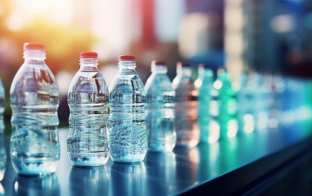 A lineup of assorted water bottles resting on a wooden table