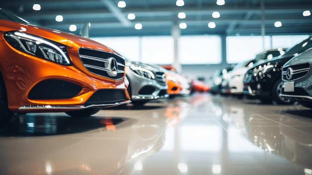 A lineup of colorful luxury cars in a show room showcasing a prominent yellow car in front with a focus on the headlight and grille