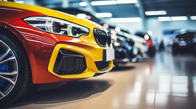 Photo a lineup of colorful luxury cars in a show room showcasing a prominent yellow car in front with a focus on the headlight and grille