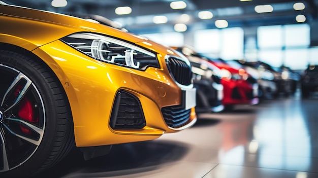 A lineup of colorful luxury cars in a show room showcasing a prominent yellow car in front with a focus on the headlight and grille