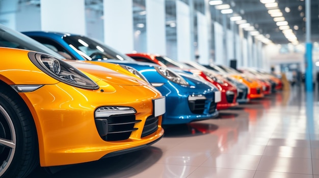 A lineup of colorful luxury cars in a show room showcasing a prominent yellow car in front with a focus on the headlight and grille