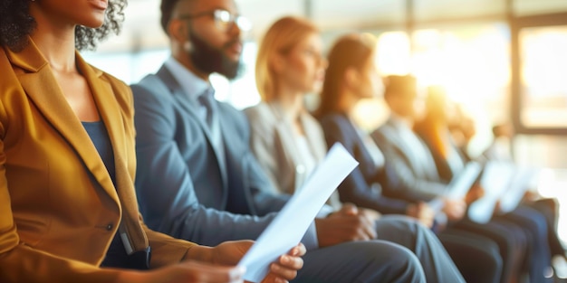 Una fila di diversi candidati al lavoro con i curricula pronti per i loro colloqui