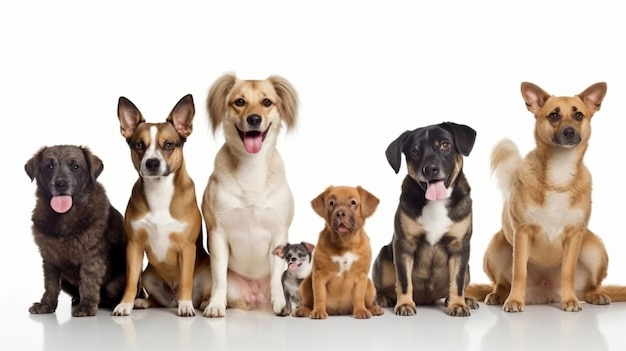 A lineup of dogs of various sizes and kinds staring at the camera some adorable panting others pleased Generative AI