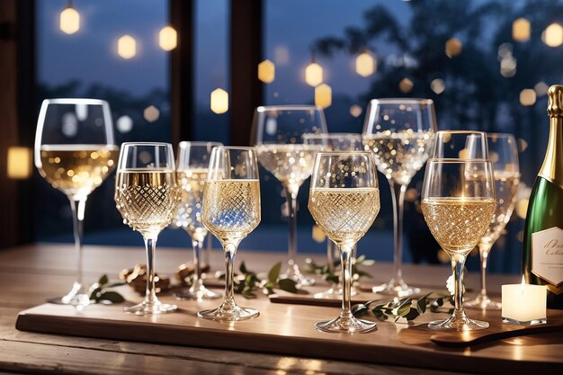 a lineup of elegant glassware on the wooden board with a sparkling evening party atmosphere