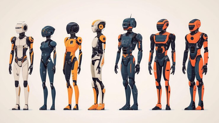 Photo a lineup of futuristic humanoid robots showcasing various designs and colors