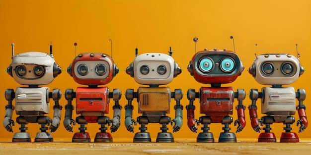 A lineup of futuristic robots ideal for tech and innovation symbolism Concept Futuristic Technology Innovation Inspiration Robot Design Ideas Creative Tech Symbols Futuristic Robot Lineup