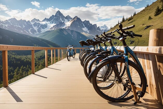 背景に景色の良い山道がある木製の板の上に豪華な自転車のラインナップ