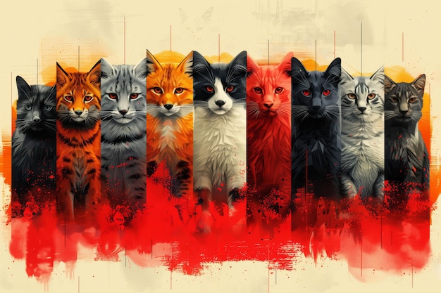 Lineup of Stylized Cats with Abstract Splashes and Urban Background