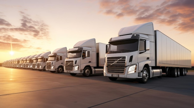 Photo a lineup of white trucks parked beside containers