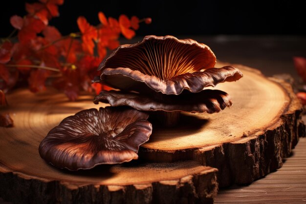 Photo ling zhi mushroom on wooden backdrop