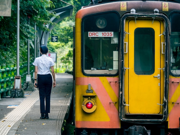 Lingjiao,Taiwan - September 20,2021: Train of Pingxi Railway Line traveling on September 20,2021 in Lingjiao, New Taipei City, Taiwan