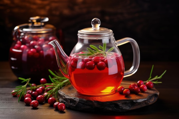 Lingonberry tea in glass kettle