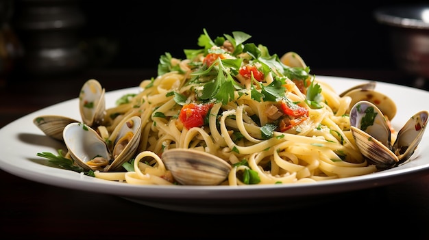 linguini met kokkels op witte plaat