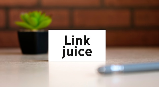 Link juice - testo del concetto di business sulla lista bianca e con penna e un vaso nero con un fiore dietro