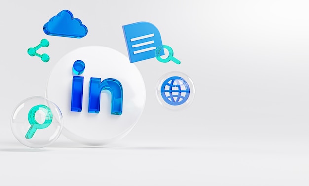 Photo linkedin acrylic glass logo and search icons copy space 3d