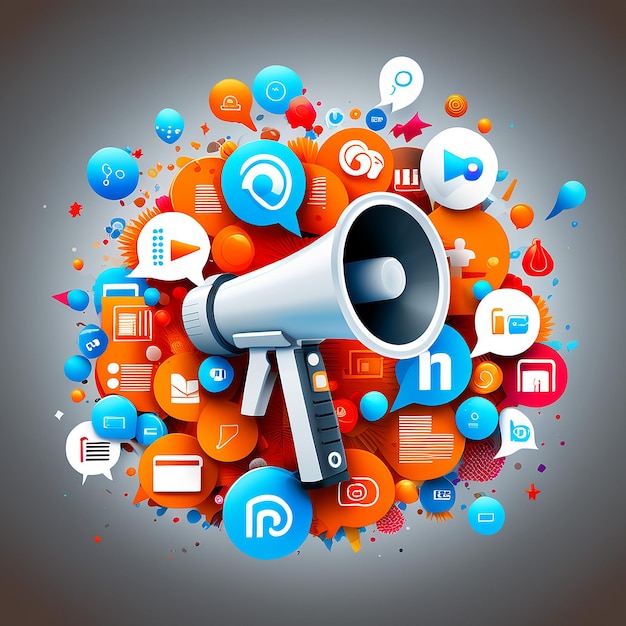 Photo linkedin amplified 3d megaphone amidst icons and logos for digital and social media marketing