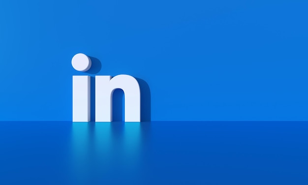 Foto logo linkedin su sfondo blu con ombra dura e spazio per testo e grafica rendering 3d