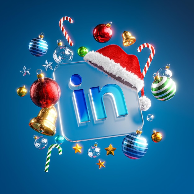 LinkedIn ロゴ ガラス スクエア クリスマス飾り暗い青色の背景 3 D レンダリング