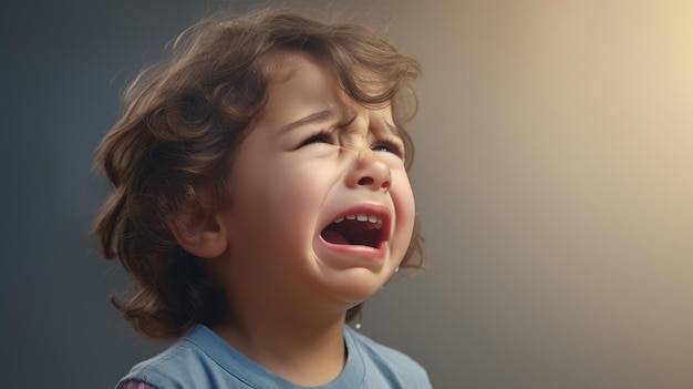 Linkerkant huilend Europees klein kind op lichtgrijze achtergrond