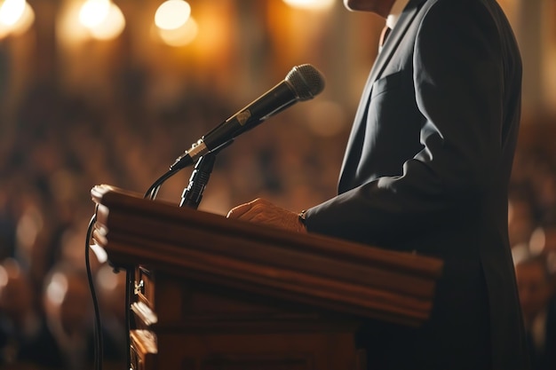 Linkszijdige weergave van een man in een pak achter een podium met een microfoon die een toespraak houdt voor een menigte