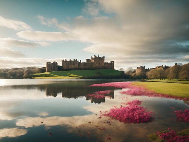 사진 linlithgow loch and palace는 이른 봄 햇살을 즐깁니다.