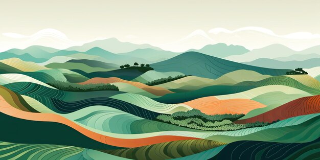 Photo lino cut of mountains and green fields in the style of colorful layered form nature outdoor