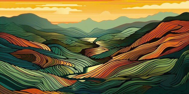 Photo lino cut of mountains and green fields in the style of colorful layered form nature outdoor