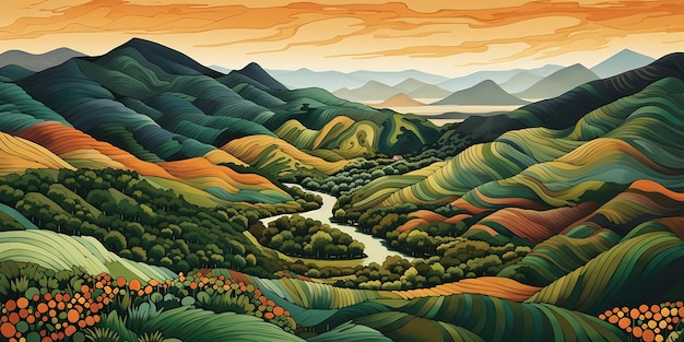 Photo lino cut of mountains and green fields in the style of colorful layered form nature outdoor