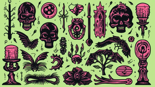 Linocut Pastel Goth Halloween Witchcraft Clipart Collection