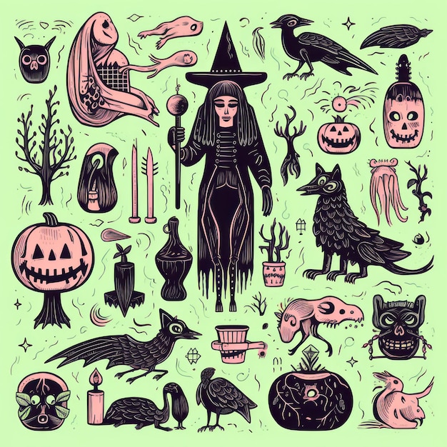 Photo linocut pastel goth halloween witchcraft clipart collection