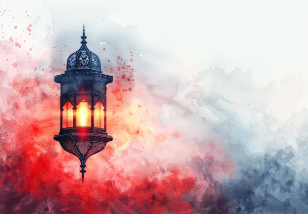 Linterna in waterverf met rode en blauwe tinten die de levendige essentie van de Ramadan en Eid symboliseren
