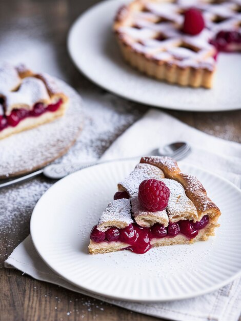 Photo linzer tart torte with raspberry filling and fresh raspberry