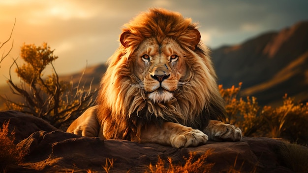 Lion in Africa with landscape forest