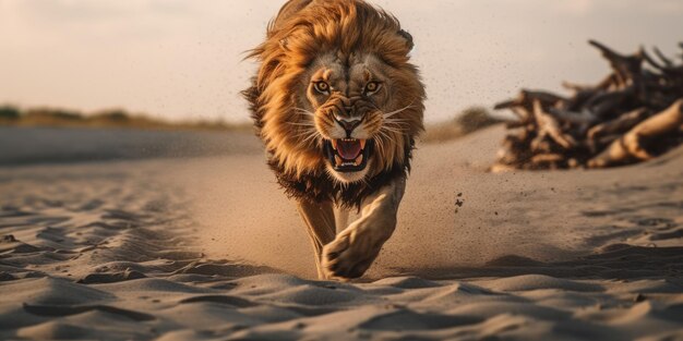 Photo lion angry running on beach