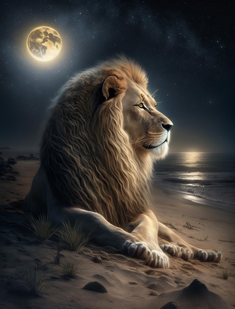 夜の浜辺のライオン