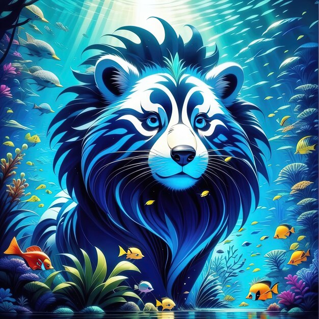 a lion in a blue ocean with fish