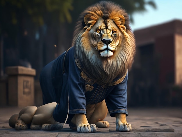 A lion in a blue robe stands on a brick road.