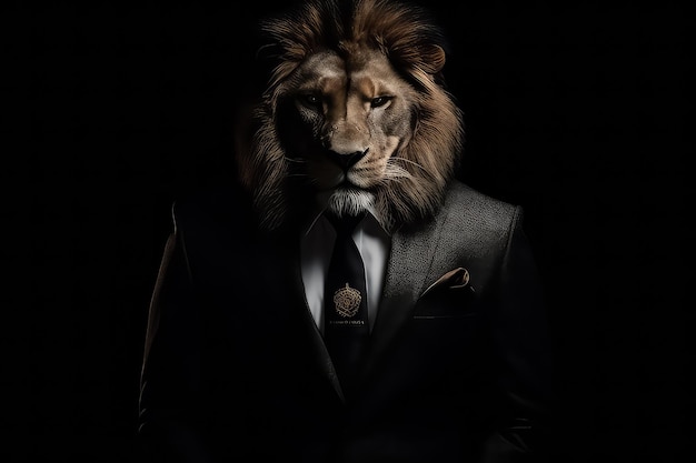 Lion in Business Suit on black background AI