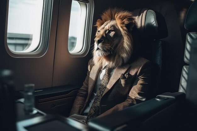 ライオン・ビジネスマンがプライベートフライトAIで飛行機で飛ぶ