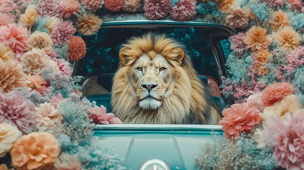 A lion in a car with flowers on the back