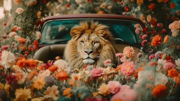 A lion in a car with flowers