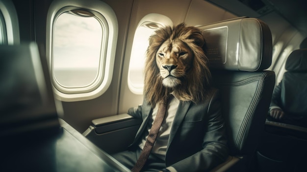 Lion character sitting in the plane on window seat generative AI