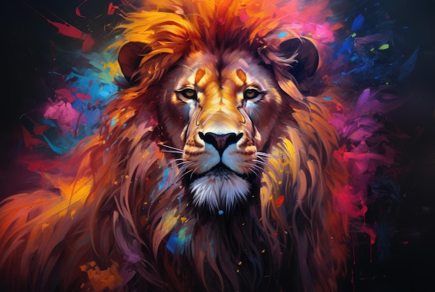 Lion in colorful jungle