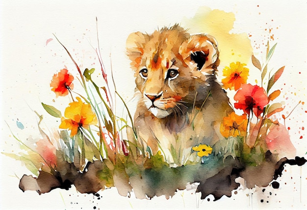 Lion cub Aquarel illustratie Generatieve AI