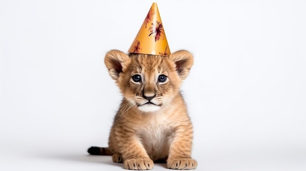 Lion cub in birthday cap Generative AI