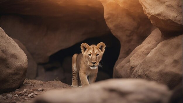 Photo lion cub in cave