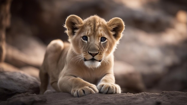 Photo lion cub in cave