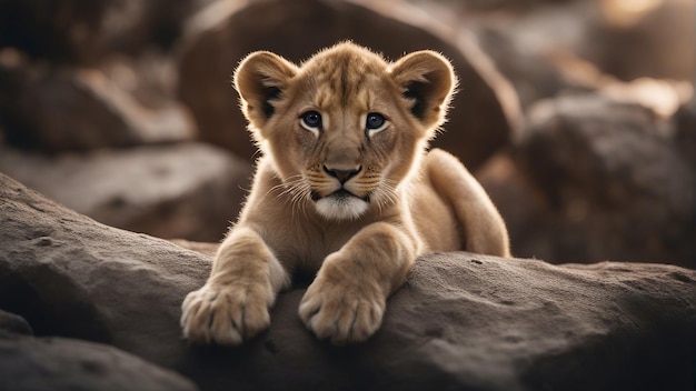 Photo lion cub in cave